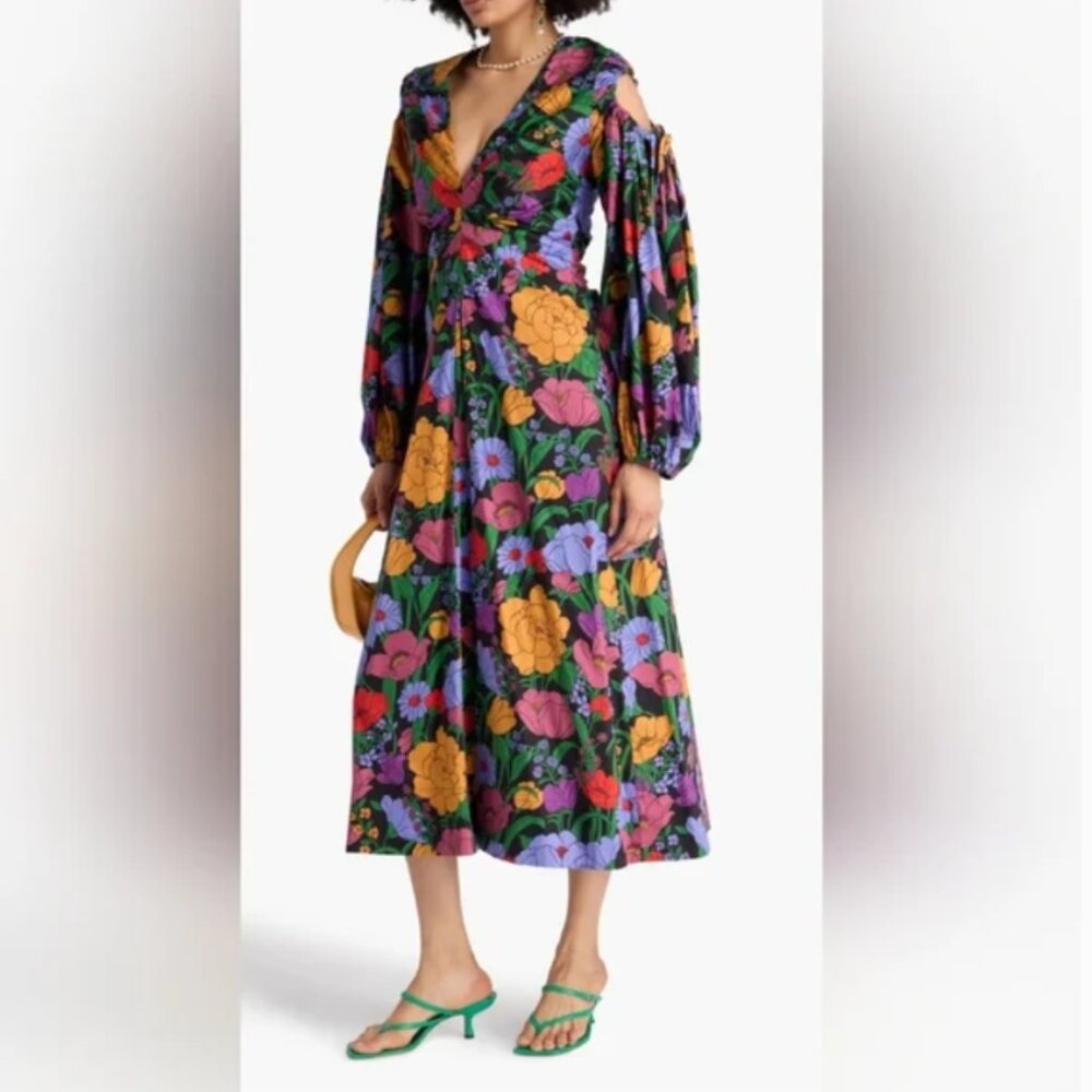 Farm Rio Floral Cotton Cold Shoulders Midi Dress size XS